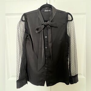 SHEIN Black Blouse with Sheer Polka Dot Sleeves